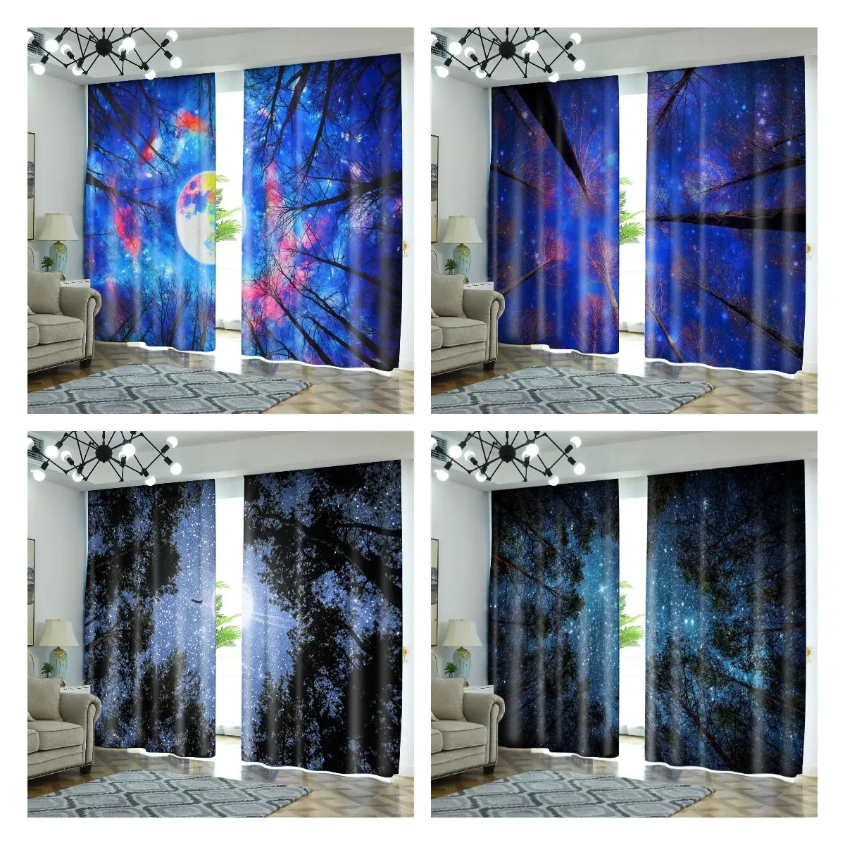 

Starry Sky Curtains for Living Room Luxury Night Forest Window Roman Blackout Curtain Nature Room Divider Cortinas 2 Panels