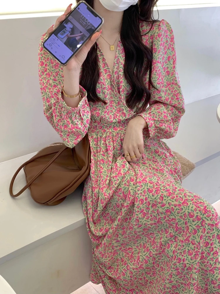 Korean Style Summer Floral Long Dress Vintage Full Sleeve V-neck Lace-up Loose Boho Casual Midi Dresses Women 2022 Spring
Korean Style Summer Floral Long Dress Vintage Full Sleeve V-neck Lace-up Loose Boho Casual Midi Dresses Women 2022 Spring