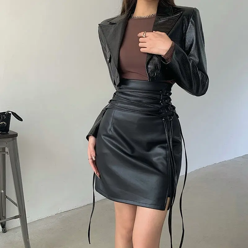 Black Skirt Pu Leather A-LINE Fashion High-waisted Skirt Lace-up with Side Slit Solid Sexy Wrap Mini Women's Summer Skirt
Black Skirt Pu Leather A-LINE Fashion High-waisted Skirt Lace-up with Side Slit Solid Sexy Wrap Mini Women's Summer Skirt