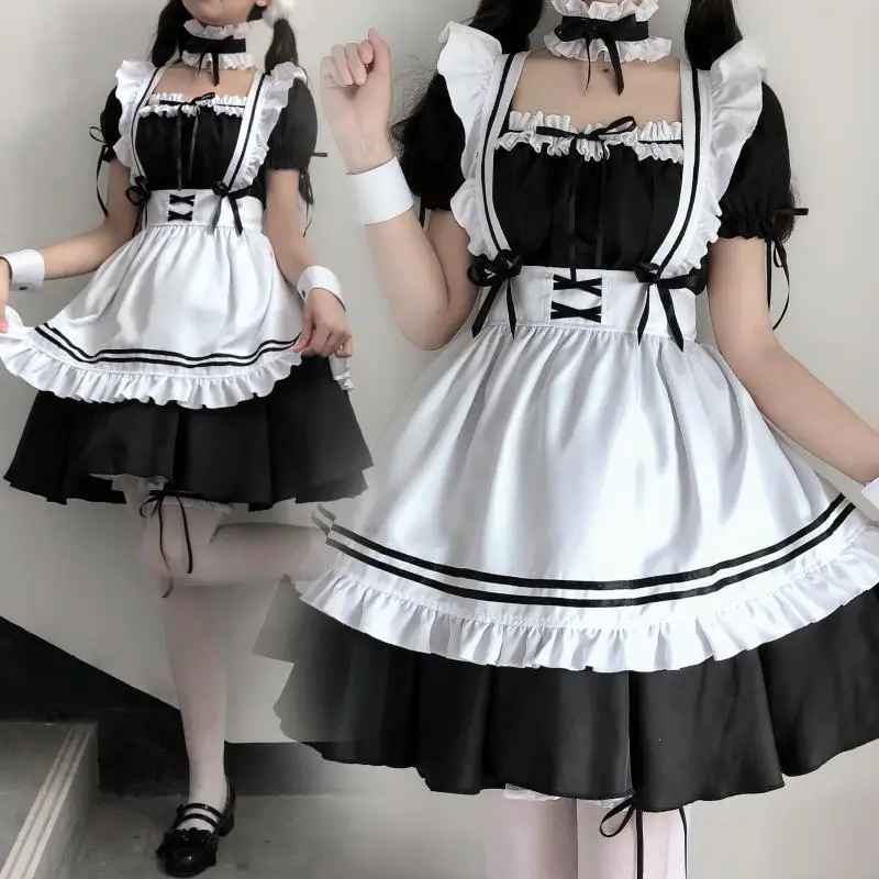 

Black and white lolita dress Party Girl Dress Bow Sweet Dress Princess Cute Kawaii Ruffles Cosplay Costume Six-piece suit set