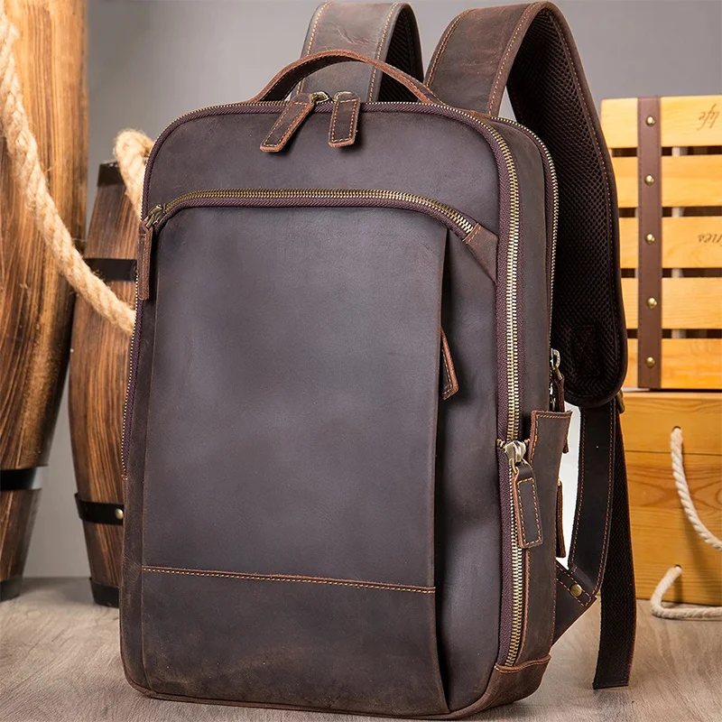 

Man's Crazy Horse Leather Bussiness Schoolbag Fashion Vintage Laptop Backpack For Men Travel Daypack Portable Rucksack