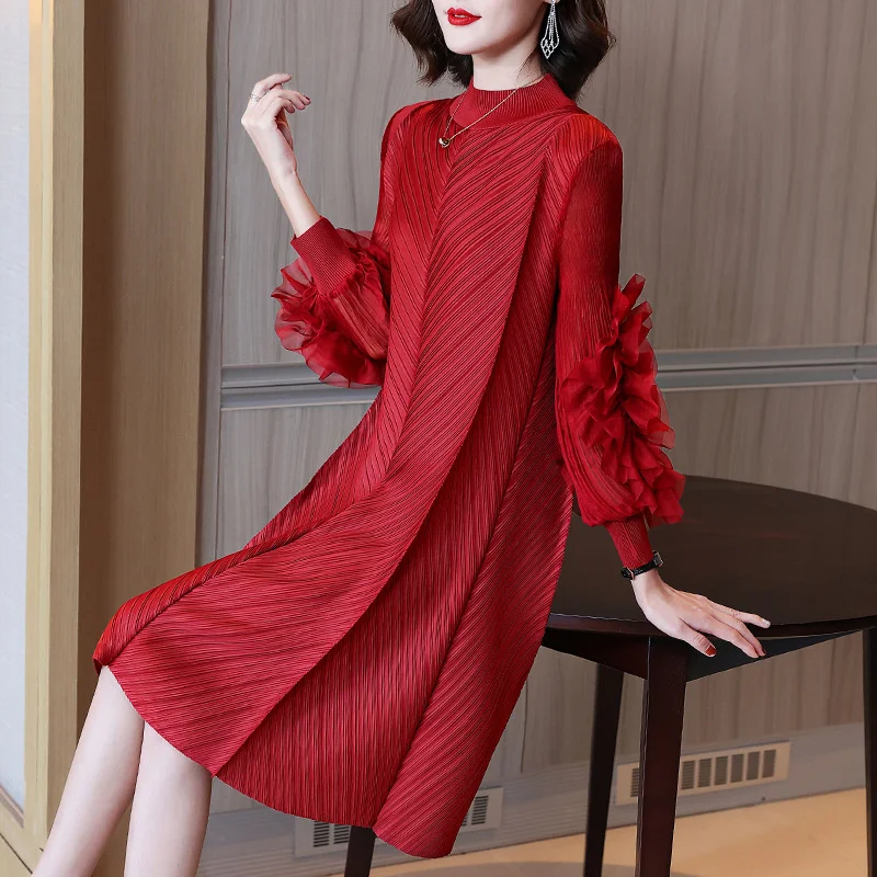 

Miyake Woman Pleated Midi Dress Ruffles Mesh Long Sleeve Half Turtleneck Vintage Style Elegant 2022 Early Autumn Fashion Dresses