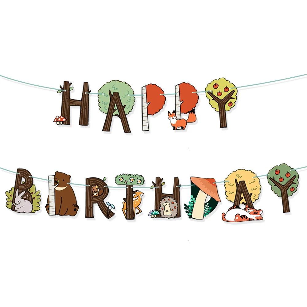 

Woodland Animal Happy Birthday Banner Jungle Creature Bear Squirrel Fox Tiger Garland for Birthday Party Decoration Supplies