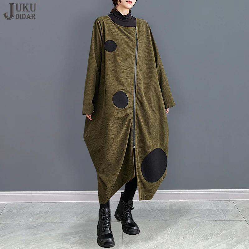 

Loose Fit Turtleneck Long Sleeve New Winter Woman Green Corduroy Dress Dots Patches Casual Large Asymmetrical Dress Robe JJXD607