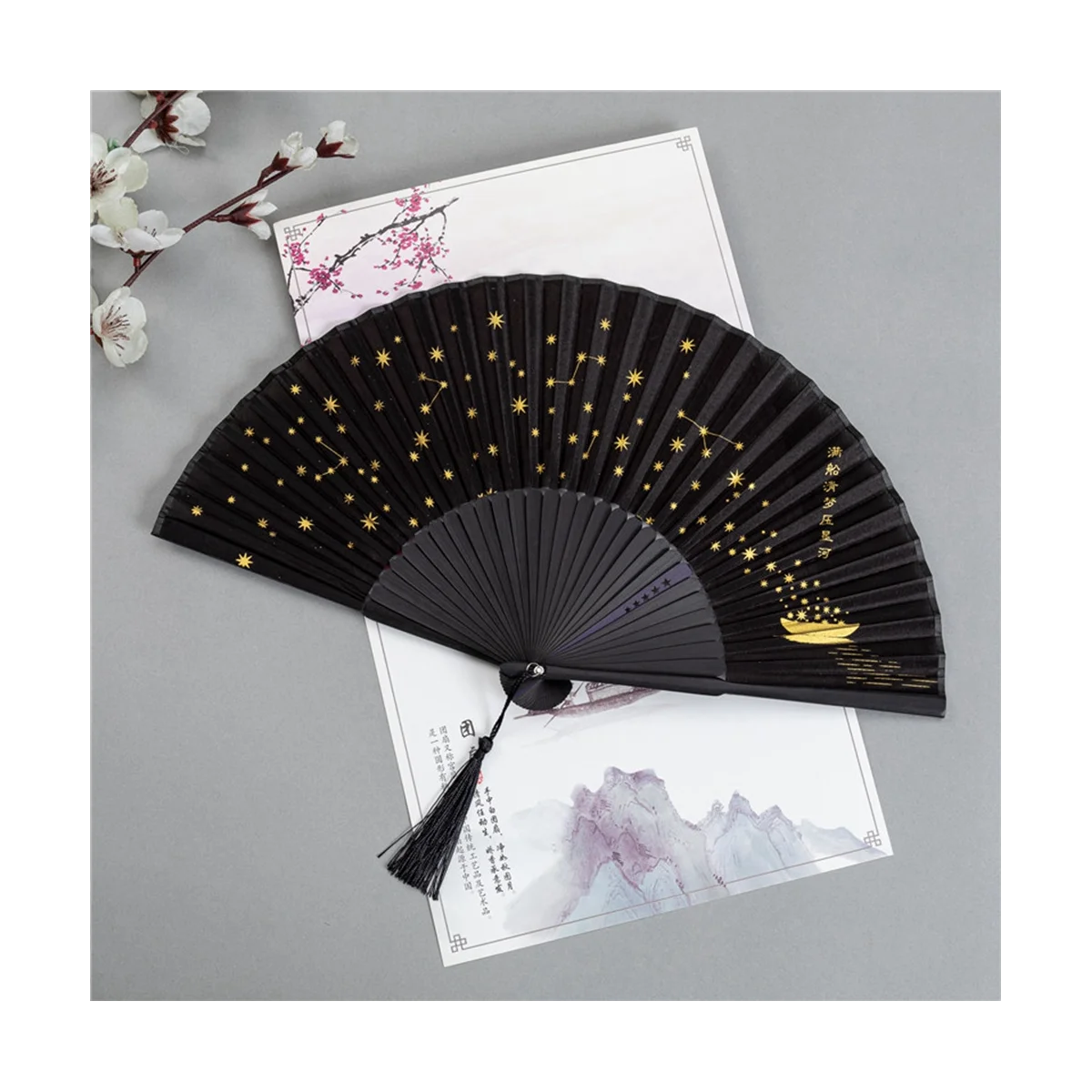 

Маленький складной Ручной Веер для женщин, в японском винтажном стиле, из бамбука, шелка, веер для свадебной фотосессии, черный цвет