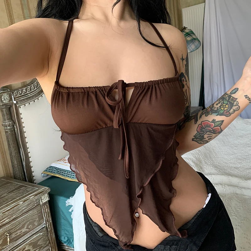 WeiYao Halter Backless Camis Sexy Nightclub Outfits Brown Sleeveless Y2K Vintage Basic Mesh Cropped Tank Lady Party Clubwear
WeiYao Halter Backless Camis Sexy Nightclub Outfits Brown Sleeveless Y2K Vintage Basic Mesh Cropped Tank Lady Party Clubwear