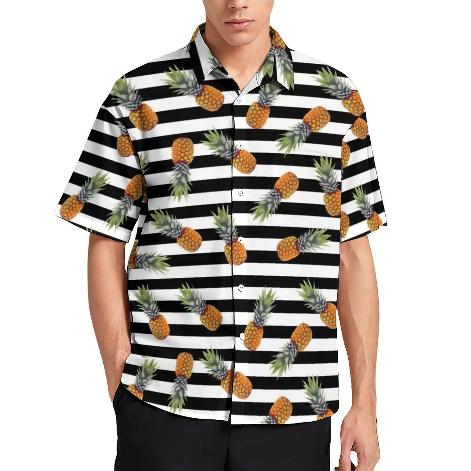 

Tropical Pineapple Beach Shirt Black Striped Print Hawaiian Casual Shirts Men Trending Blouses Short Sleeve Design Top Plus Size