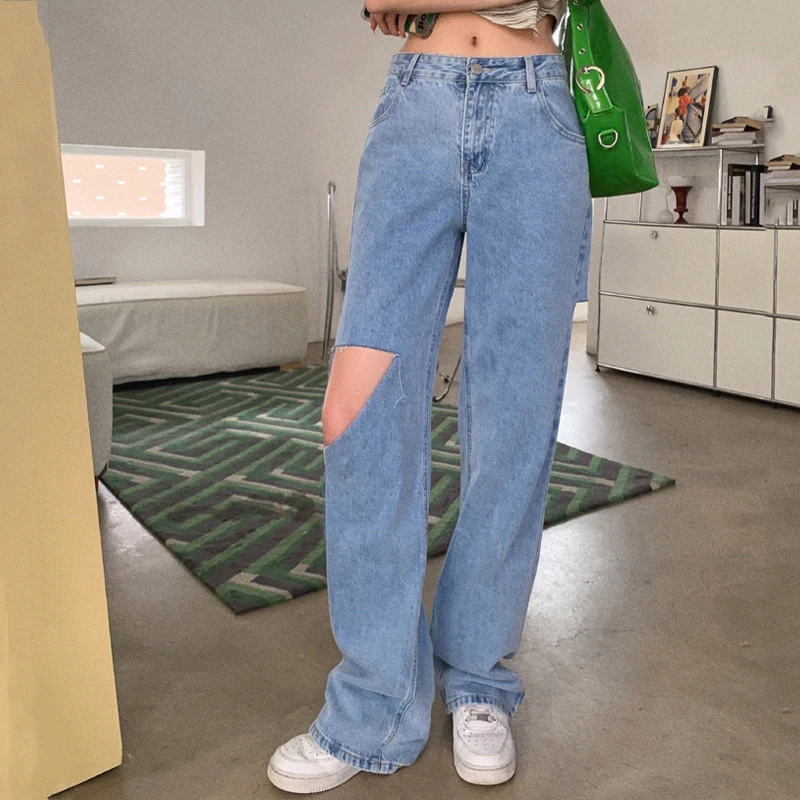 Female Washed Blue Jean Trousers y2k Women Street Style Casual Loose Straight Denim Pants Classic High Waist Ripped Hole Jeans
Female Washed Blue Jean Trousers y2k Women Street Style Casual Loose Straight Denim Pants Classic High Waist Ripped Hole Jeans