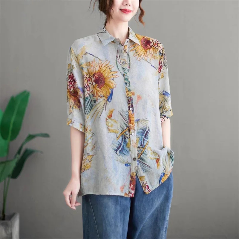 Woman Spring Summer Style Blouses Shirts Lady Casual Half Sleeve Turn-down Collar Flower Printed Blusas Tops DF4884 
Woman Spring Summer Style Blouses Shirts Lady Casual Half Sleeve Turn-down Collar Flower Printed Blusas Tops DF4884