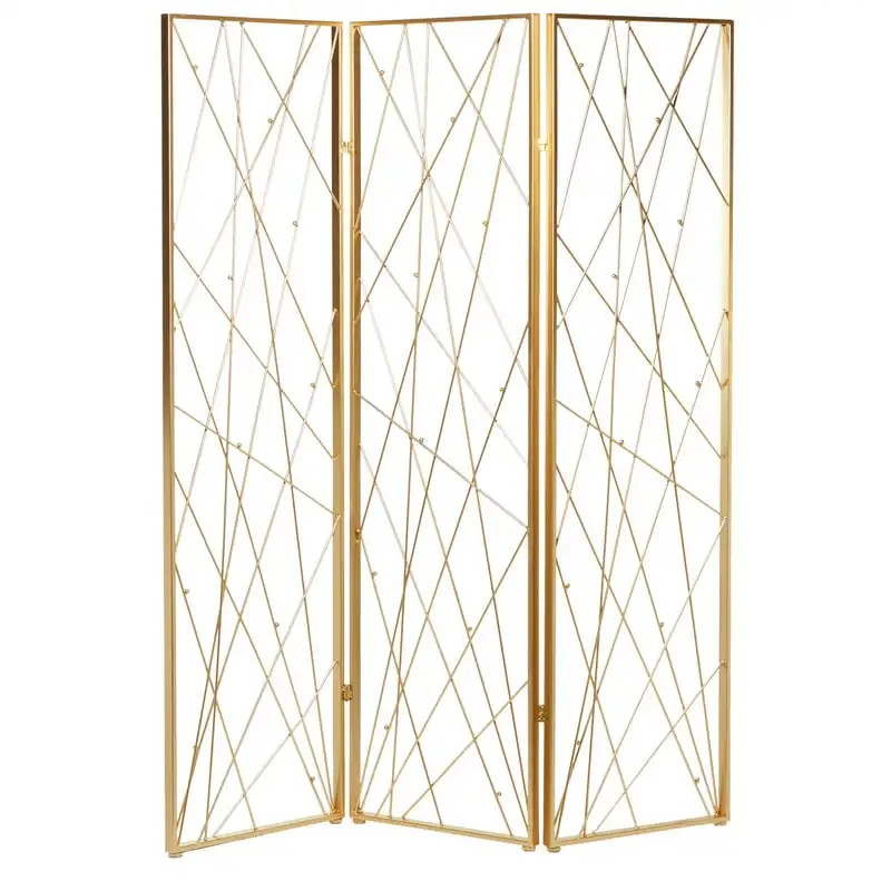 Metal Foldable 3 Panel Room Divider Screen with Gold Geometric Design, 59"W x 79"H
Metal Foldable 3 Panel Room Divider Screen with Gold Geometric Design, 59"W x 79"H