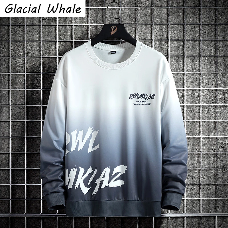 

GlacialWhale Mens Crewneck Sweatshirt Men 2022 Gradient Print Sweatshirts Oversized Japanese Streetwear Hip Hop Grey Hoodies Men