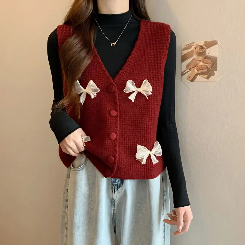 Women's V-Neck Bow Knitted Cardigan, Red Sleeveless Top, Sweater Vest, Spring and Autumn, New, 2023
Women's V-Neck Bow Knitted Cardigan, Red Sleeveless Top, Sweater Vest, Spring and Autumn, New, 2023