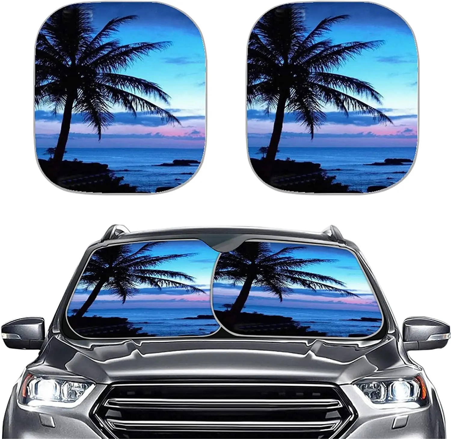 

COEQINE Tropical Paradise Ocean Beach Scene with Palm Trees Print Front Car Sunshade Windshield Shade,Folding Car Windshield Sun