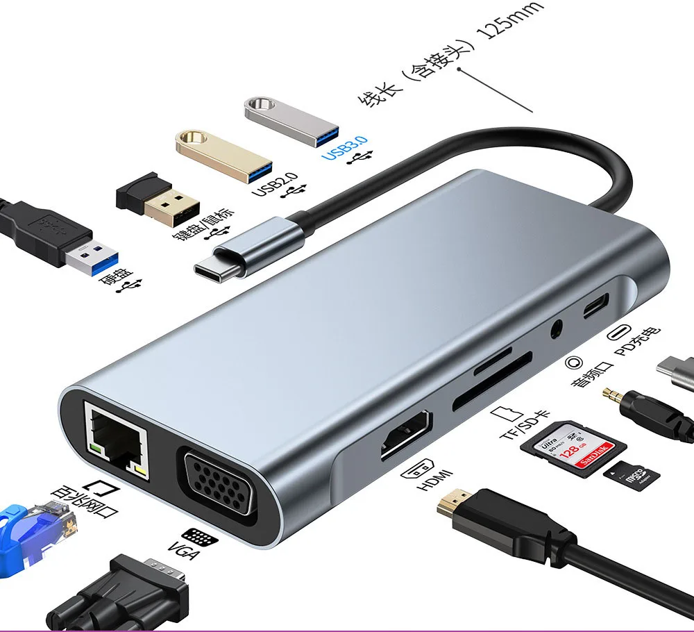 

USB C HUB to 4K HDMI-совместимый VGA RJ45 адаптер с PD TF SD разъемом 3,5 мм AUX 4/5/6/8/11 порт док-станция для Macbook Pro/Air
