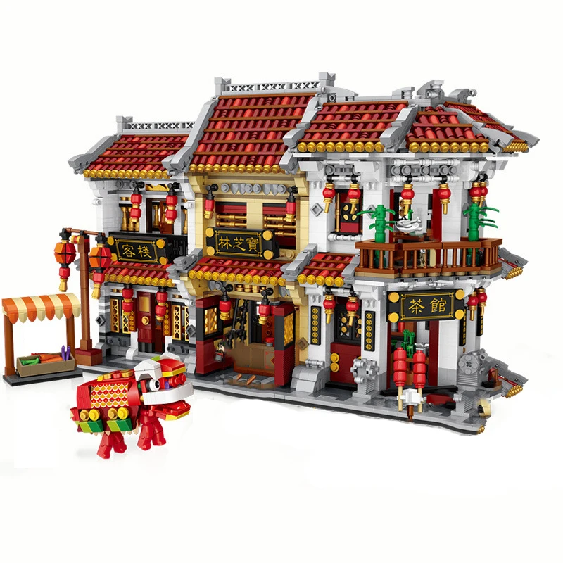 

Chinatown City Street View House Mini Block China Teahouse Hotel Pharmacy Building Bricks Figures Lion Dance Toys For Gift