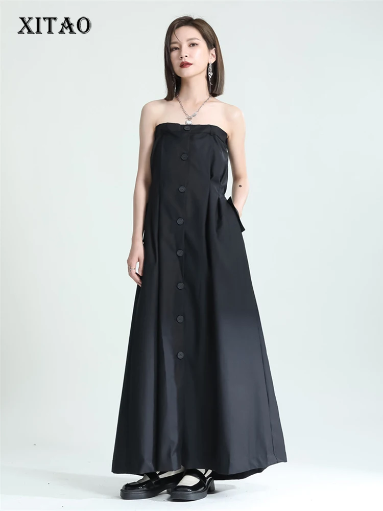 

XITAO Black Dress Fashion Wrap Chest Folds Shrink Waist Slit Splicing Temperament Big Hem Dress 2022 Summer New Women ZY6989