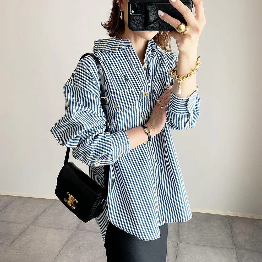 Fashion Women Leisure Blouse Office Lady Strip Patchwork Lapel Single-breasted Slim Lady Blouse OL Commuter Spring Summer Top
Fashion Women Leisure Blouse Office Lady Strip Patchwork Lapel Single-breasted Slim Lady Blouse OL Commuter Spring Summer Top