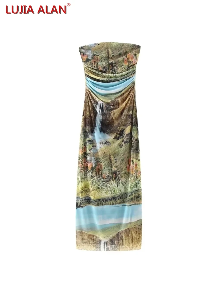 New Women's Pleated Slim Printed Mesh Cloth Midi Dress Elegant Female Strapless Vestidos LUJIA ALAN WD1961
New Women's Pleated Slim Printed Mesh Cloth Midi Dress Elegant Female Strapless Vestidos LUJIA ALAN WD1961