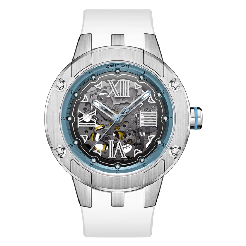 

BONEST GATTI Men Automatic Watch Luxury 42MM Mechanical Wristwatch Skeleton 50M Waterproof Sapphire Luminous Fluororubber Strap