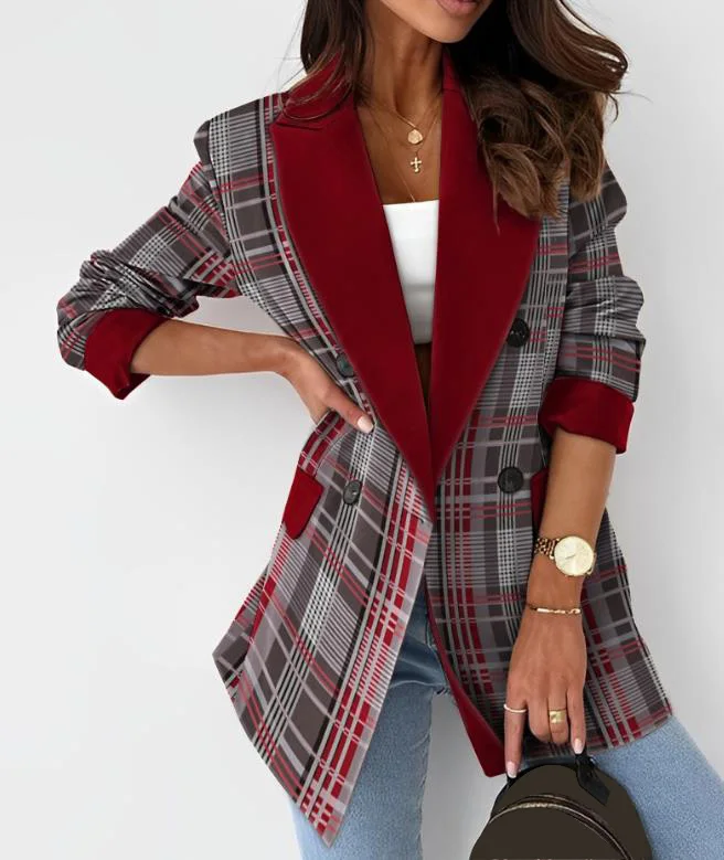 

Blazer Woman 2023 Autumn Fashion Plaid Print Colorblock Notched Collar Elegant Long Sleeve Work Blazer Coat Office Lady