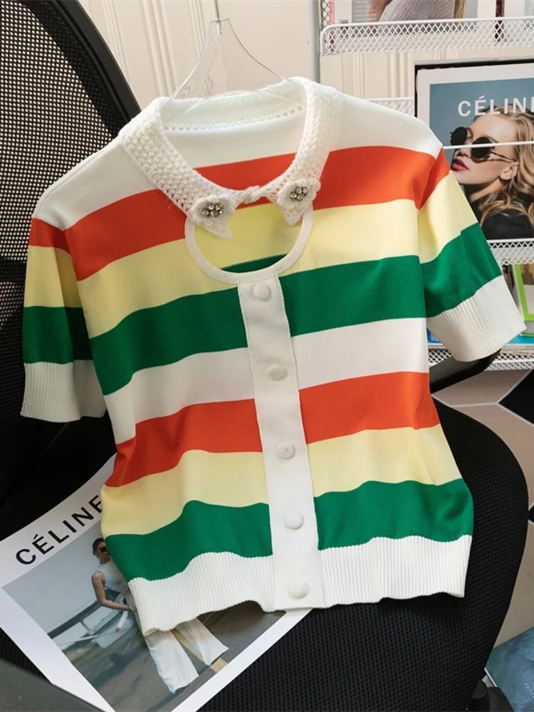 Summer Classic Striped Knitted Pullover Tops Women Hollow Collar Short Sleeve Knitwear Sweet Fashion Korean Ladies Jumpers 2022
Summer Classic Striped Knitted Pullover Tops Women Hollow Collar Short Sleeve Knitwear Sweet Fashion Korean Ladies Jumpers 2022