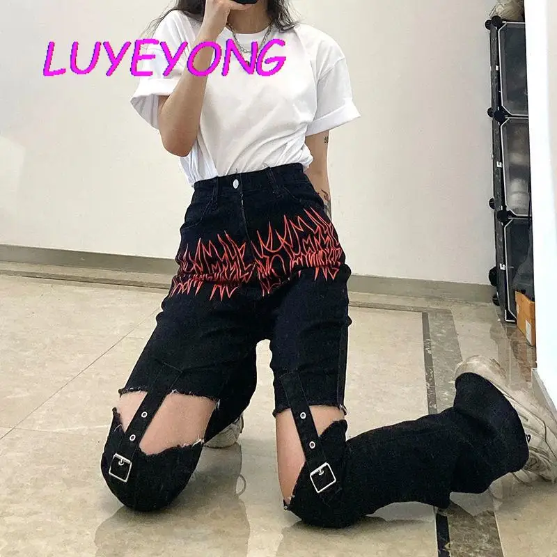 Gothic Slim Jeans Women High Waist Fire Print Detachable Buckle Hip Hop Pants Black Punk Lady Hollow Out Cargo Long Trousers
Gothic Slim Jeans Women High Waist Fire Print Detachable Buckle Hip Hop Pants Black Punk Lady Hollow Out Cargo Long Trousers