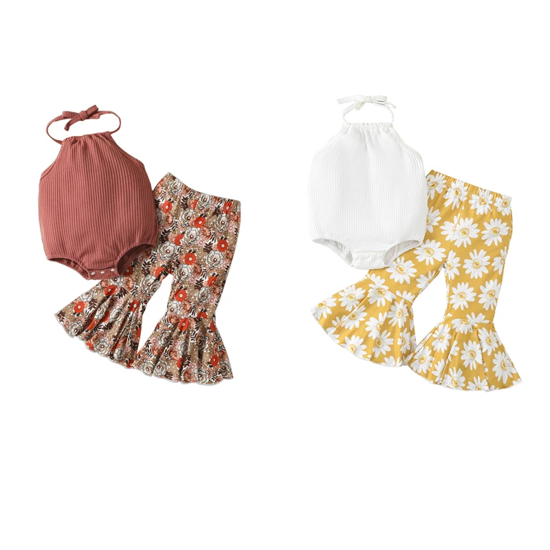 Infant Baby Girl Summer Clothes Set, Solid Ribbed Sleeveless Halter Neck Romper + Floral Print Elastic Waist Flare Pants
Infant Baby Girl Summer Clothes Set, Solid Ribbed Sleeveless Halter Neck Romper + Floral Print Elastic Waist Flare Pants
