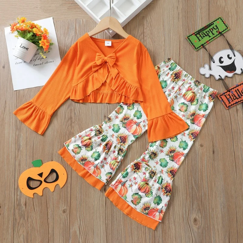 Autumn New Baby Set Long Sleeve Bow T-Shirts + Full Print Pumpkin Flare Pants Two Pieces Suit for Girls Children's Clothing Set
Autumn New Baby Set Long Sleeve Bow T-Shirts + Full Print Pumpkin Flare Pants Two Pieces Suit for Girls Children's Clothing Set