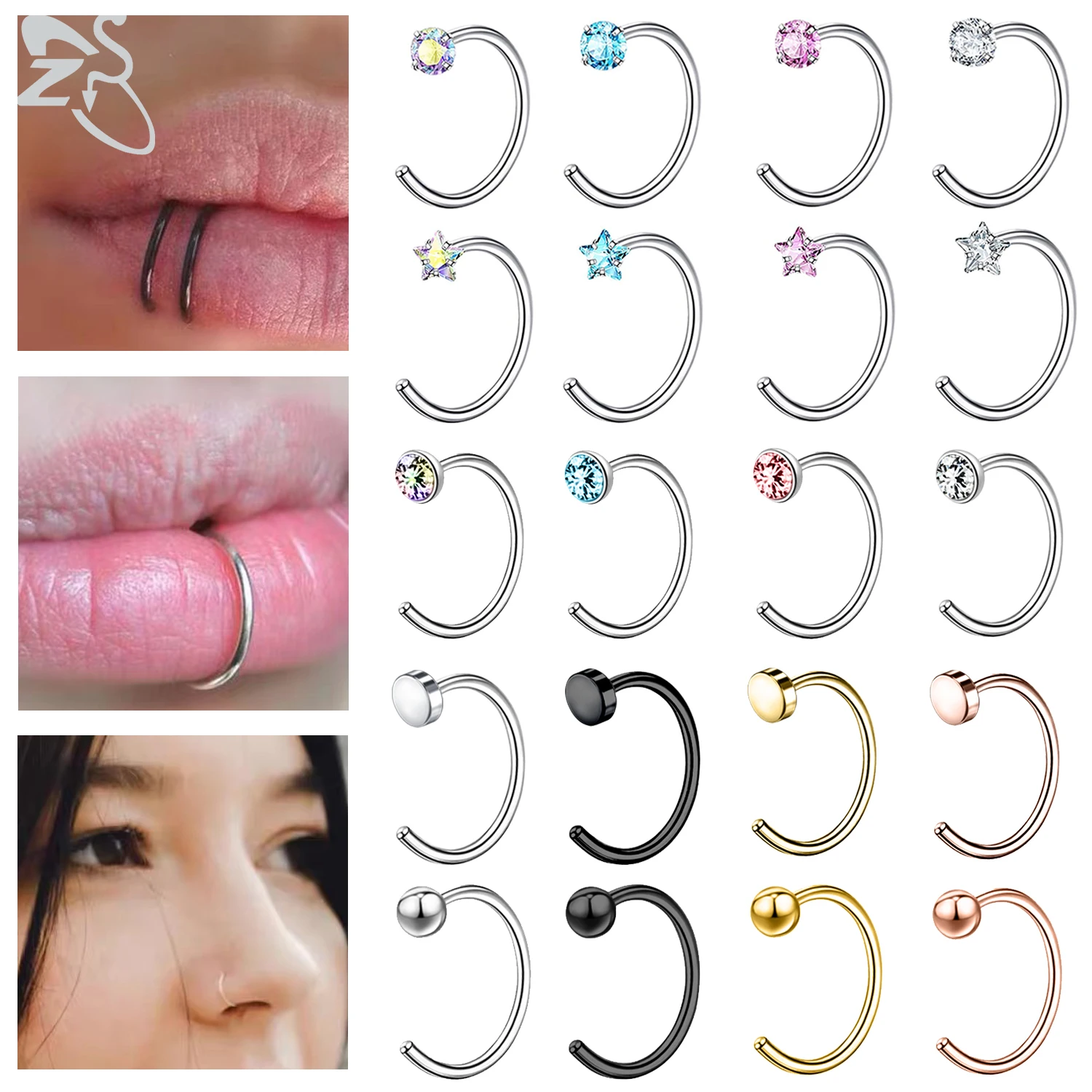 

ZS 1PC Stainless Steel Round Nose Rings Crystal Star Hoop Septum Rings C Clip Lip Ring Ear Helix Cartilage Tragus Piercings 20G