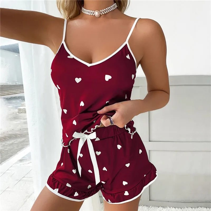 

Heart Print Women Pijamas Set Sexy Sleepwear Summer Ladies Camisole Tops And Ruffle Shorts Pyjamas Suit Homewear Pijama Mujer