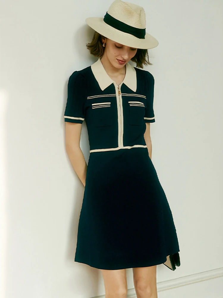 French A-line Skirt Knitted Dress elegance Short Sleeve Color Sheer Stitching High Waist Polo Collar Women vintage Summer daily
French A-line Skirt Knitted Dress elegance Short Sleeve Color Sheer Stitching High Waist Polo Collar Women vintage Summer daily