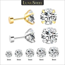 LUXUSTEEL 1Pairs/2Pcs Stainless Steel Crystal Studs Earrings For Women Men 4 Prong Tragus Round Clear Cubic Zirconia Ear Jewelry