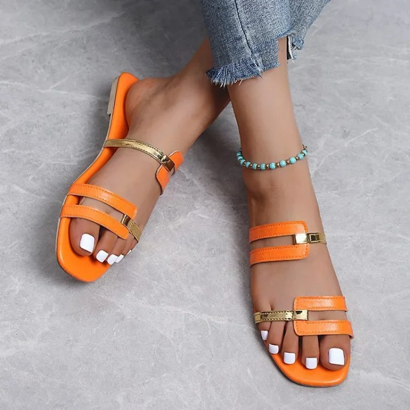 

Women Metallic Detail Slide Sandals 2023 Summer New Outdoor Slippers design Sandy Beach Open Toe Sandals Leisure Flat shoes