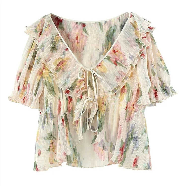 Summer New Women V-Neck Chiffon Lotus Collar Shirts Hot Selling Half Sleeves Fresh Print Temperament Lightweight Sweet Cardigan
Summer New Women V-Neck Chiffon Lotus Collar Shirts Hot Selling Half Sleeves Fresh Print Temperament Lightweight Sweet Cardigan