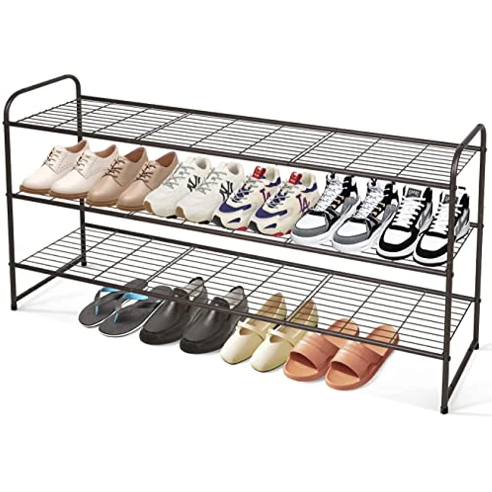 

3 Tier Shoe Rack for Entryway, Closet Floor, Wide Shoe Storage Organizer Stackable Metal Shoe Shelf for 24 Pairs Men Sneakers