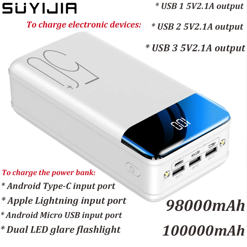 Fast Charging Source 100000mah /98000mah Large Capacity Power Bank Universal 5v 2.1a Portable LED Light Mobile Phone Power Bank
Fast Charging Source 100000mah /98000mah Large Capacity Power Bank Universal 5v 2.1a Portable LED Light Mobile Phone Power Bank