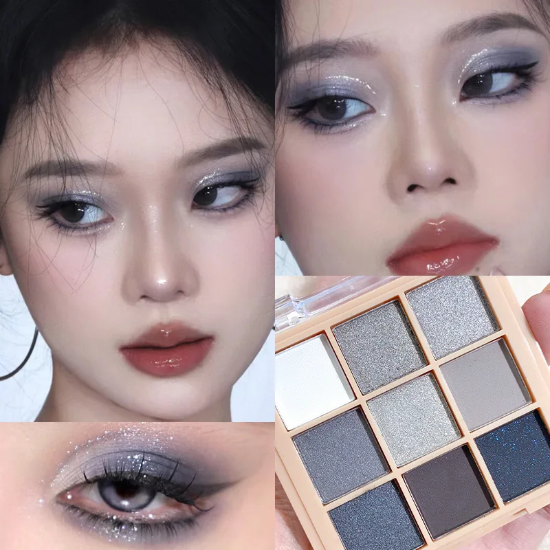 

9 Colors Punk Smokey Matte Glitter Eyeshadow Palette Shimmer Eye Shadow Makeup Palette Cool Toned Gray Blue Eye Pigment Palette