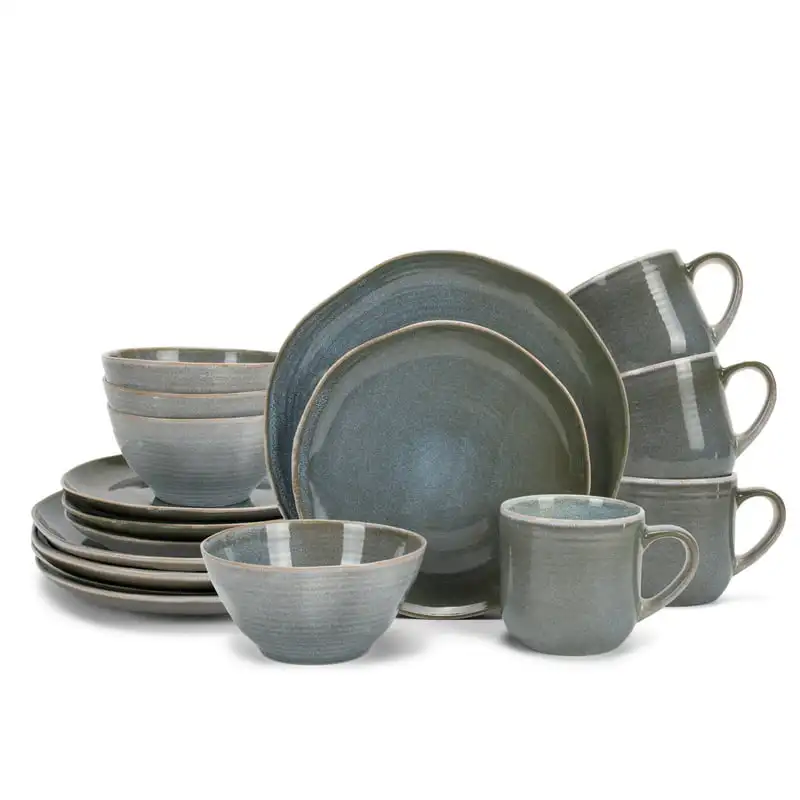 

Glaze Ceramic Stoneware Dinnerware 16 Piece Set - Service for 4, Ocean Teal Travel tea set Mate cup Matcha bowl with spout Weddi