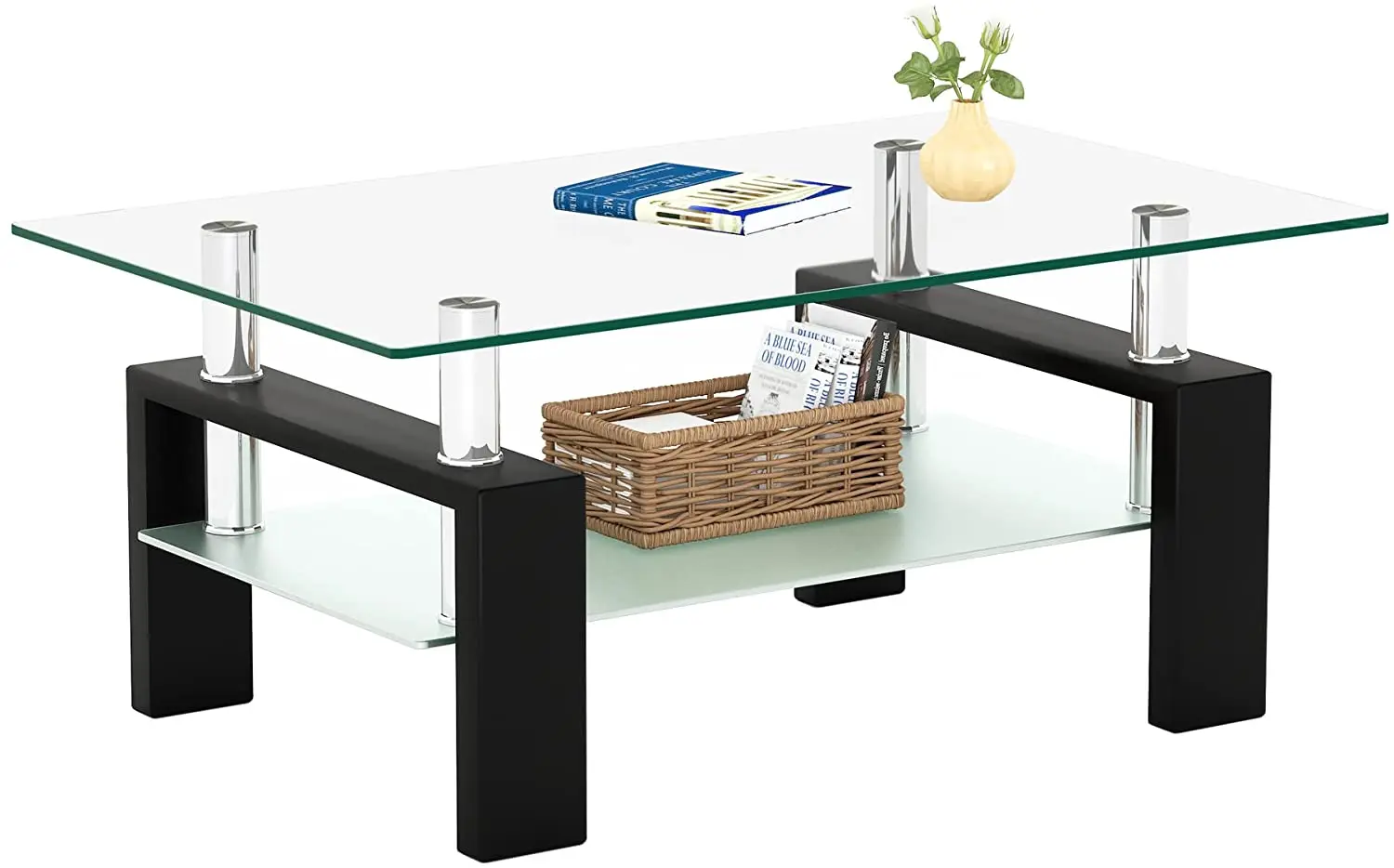 Rectangle Glass Coffee Table 2-Tier Tea Table Modern Side Coffee Table for Living Room Black
Rectangle Glass Coffee Table 2-Tier Tea Table Modern Side Coffee Table for Living Room Black