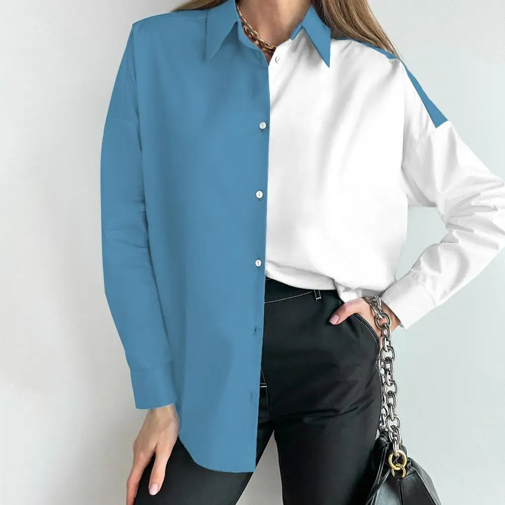 Fashionable Shirt Charming Stitching Color Spring Autumn Loose Cardigan Shirt Lapel Long Sleeve Lady Shirt
Fashionable Shirt Charming Stitching Color Spring Autumn Loose Cardigan Shirt Lapel Long Sleeve Lady Shirt