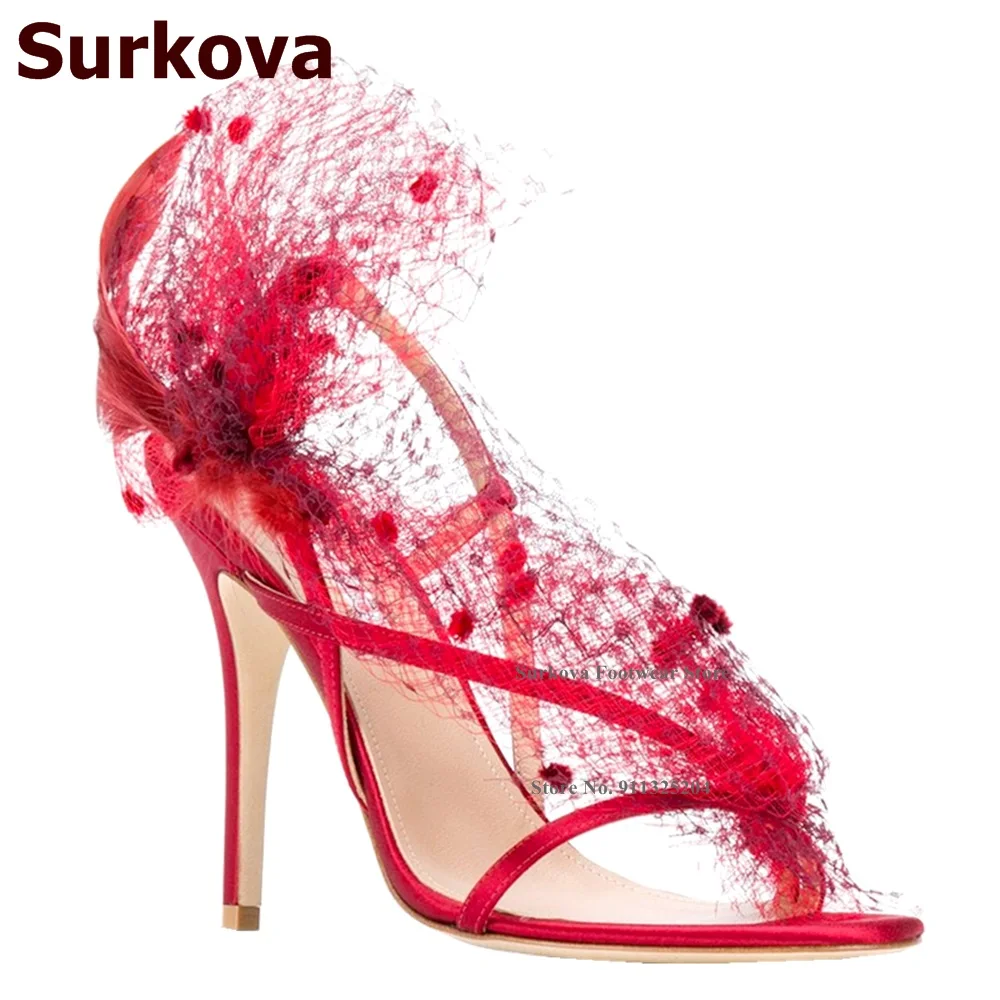 Surkova Red Black Mesh Feather High Heel Sandals Satin Cloth Strap Stiletto Floral Bride Shoes Network Open Toe Pumps Size42
Surkova Red Black Mesh Feather High Heel Sandals Satin Cloth Strap Stiletto Floral Bride Shoes Network Open Toe Pumps Size42