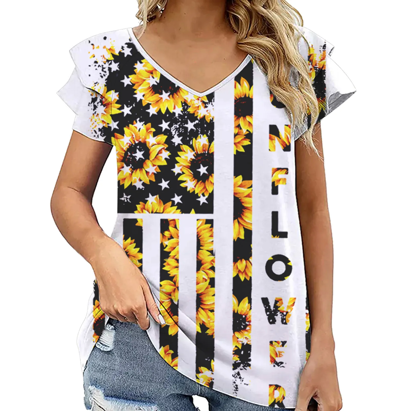 Women's Petal Sleeve Shirt Floral Tops Independence Day Blouses For Women V Neck Long Sleeve V Neck Shirt Women Girl Fashion Top
Women's Petal Sleeve Shirt Floral Tops Independence Day Blouses For Women V Neck Long Sleeve V Neck Shirt Women Girl Fashion Top