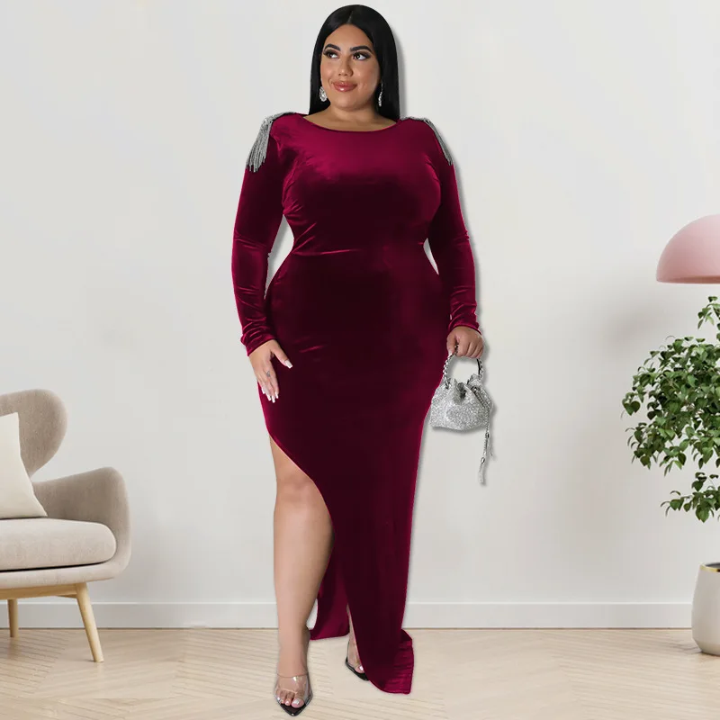 2022 Autumn Winter Plus Size Women Solid Velvet Long Sleeve Side Slit Bodycon Dress Sexy Streetwear Party Elegant Club 
2022 Autumn Winter Plus Size Women Solid Velvet Long Sleeve Side Slit Bodycon Dress Sexy Streetwear Party Elegant Club