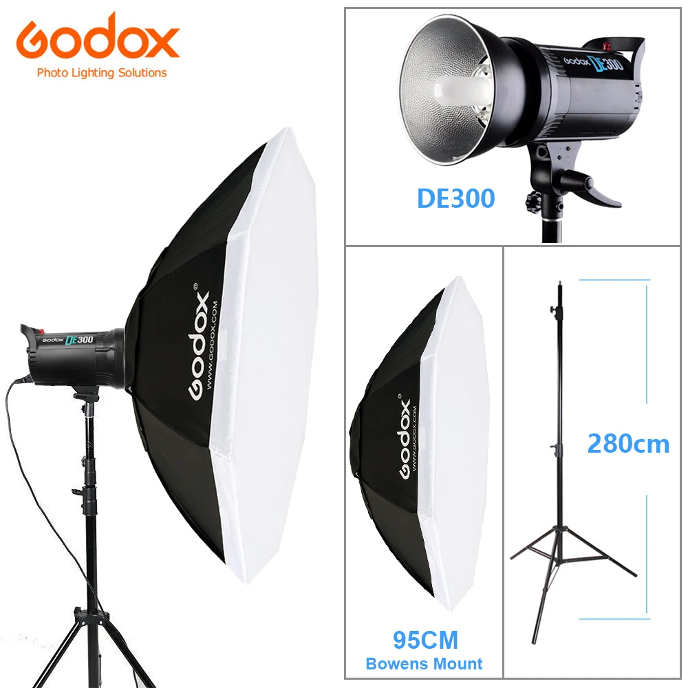 

Godox DE300 300W/300WS Photo Studio Flashlight Strobe Lighting Kit + Octagon Softbox 95cm with Bowens Mount + 2.8M Light Stand
