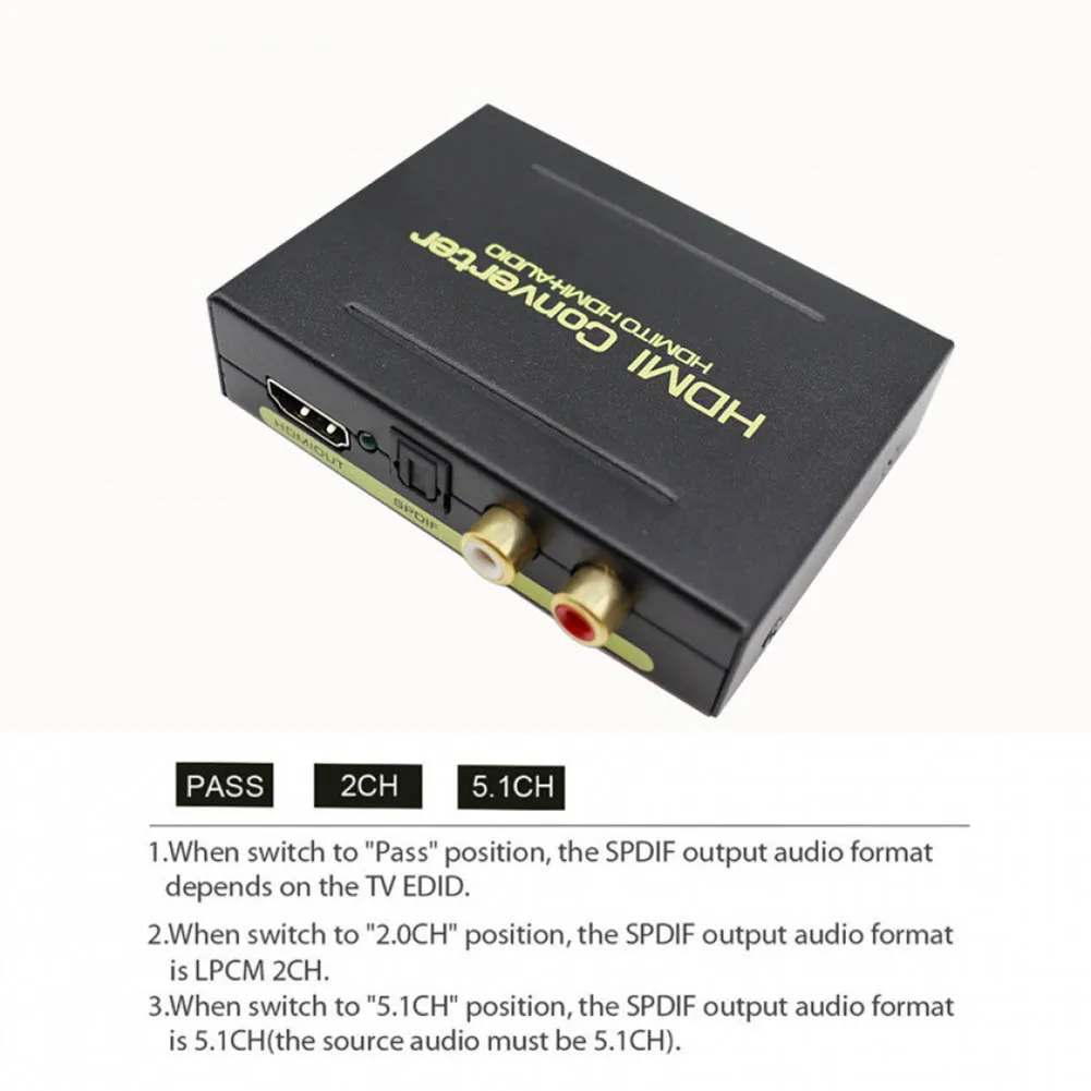 Аудиосепаратор HDMI-совместимый с HDMI-совместимый + аудио + SPDIF + R/L преобразователь аудиосигнала поддерживает 2-канальный и объемный 5,1
Аудиосепаратор HDMI-совместимый с HDMI-совместимый + аудио + SPDIF + R/L преобразователь аудиосигнала поддерживает 2-канальный и объемный 5,1