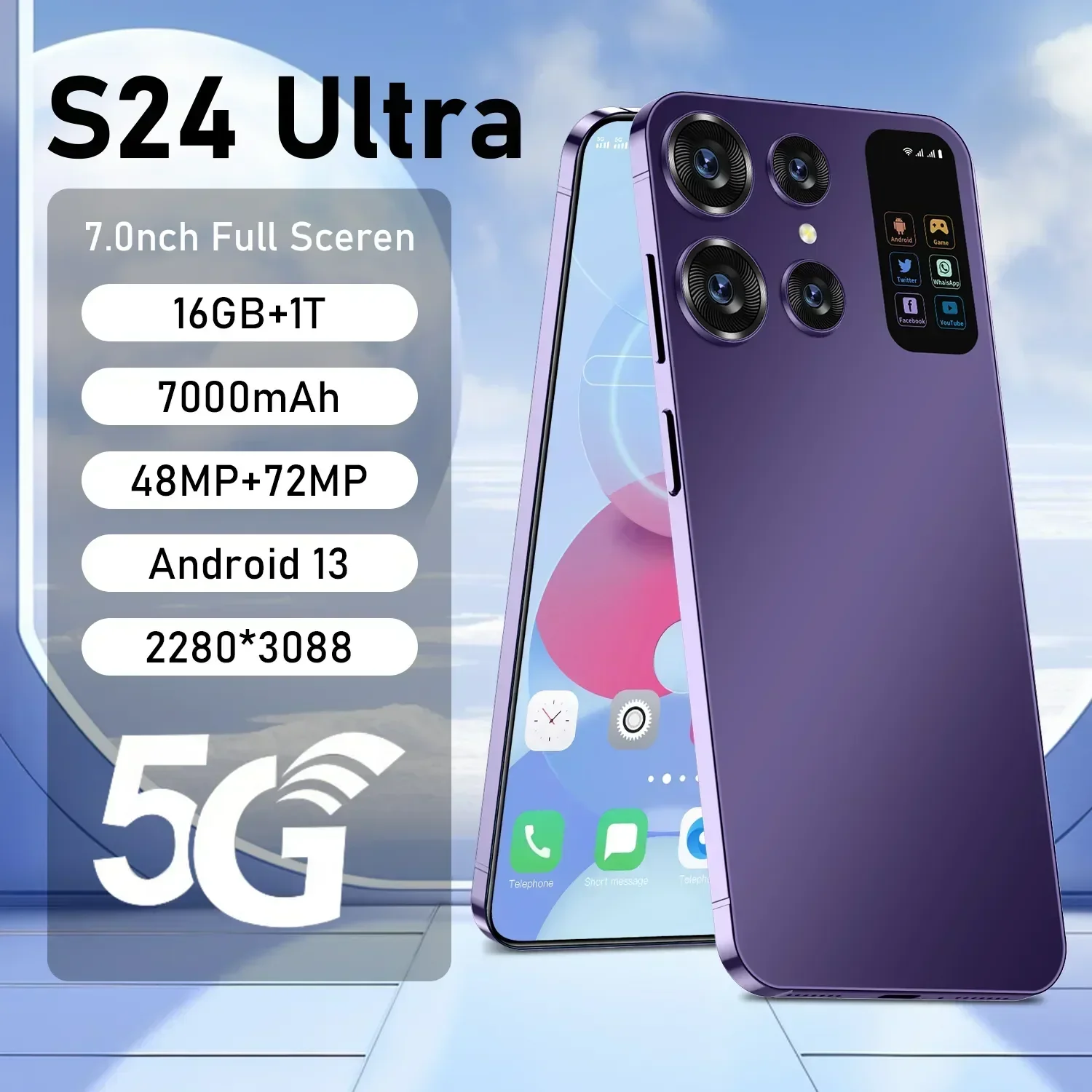 

Оригинальный смартфон S24 s23 ultra, экран 7,0 дюйма HD, 16 ГБ + 1 ТБ, телефон с двумя Sim-картами, Android 13, разблокировка распознаванием лица, 7000 мАч, 72 МП