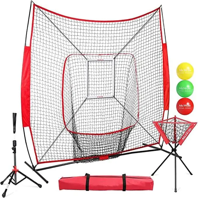 

7' x 7' & Softball Practice Net Set with Travel Tee, Ball Caddy, 3 Weighted Balls & Strike Zone for Hitting, Pi