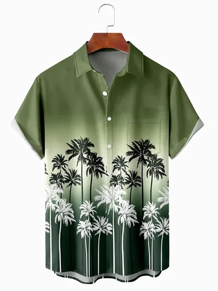 

Y2k Resort Style Hawaiian Series Gradient Coconut Pattern Lapel Short Sleeve Shirt Print Top Green Men's Floral Shirt