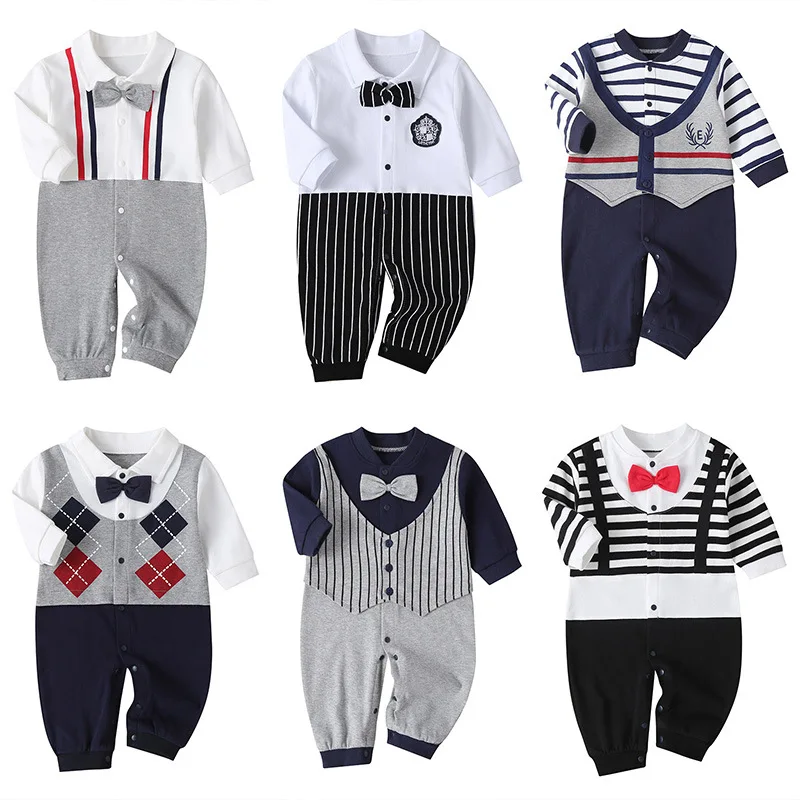 

New Baby Boys Gentleman One-piece Collar Knot Fashion Spring and Autumn Long-sleeved Long Climbing Clothes Baby Clothes