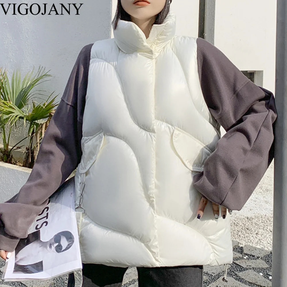 

Vigojany 2022, Женская куртка без рукавов, жилет-пуховик, зимний теплый укороченный жилет, женское белое пальто с воротником-стойкой, свободная верхняя одежда
